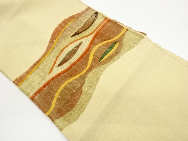 Nagoya obi, hand-woven cotton pongee with abstract horizontal tiered weave patte